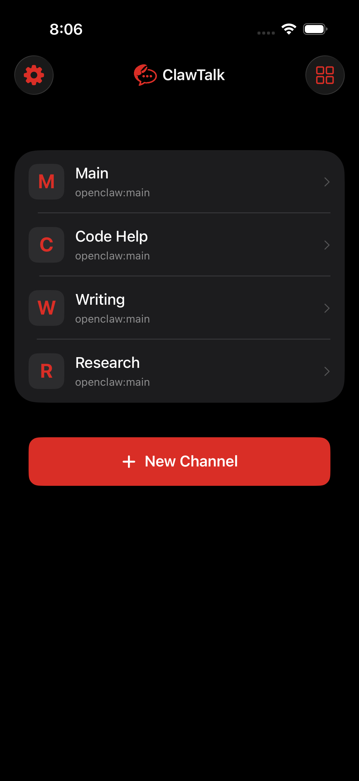 ClawTalk channels view